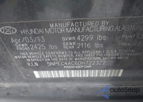 2013 Hyundai Sonata Se z USA, uszkodzony, nr VIN 5NPEC4AC6DH722322